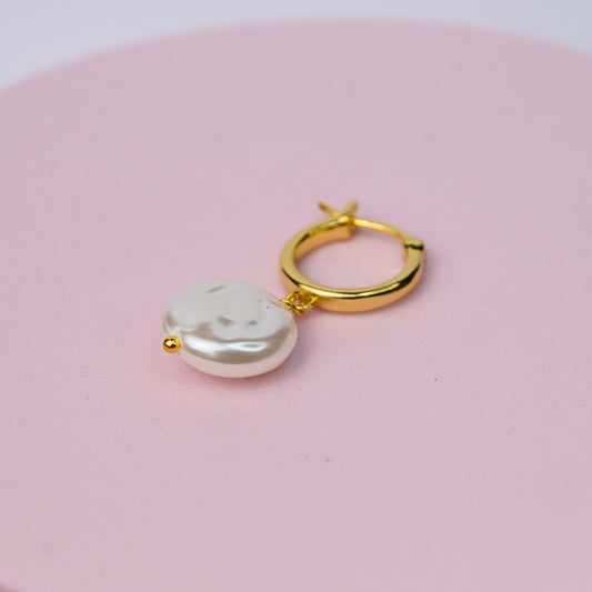 Huggie Hoop Earrings with flat Pearl Charm - 14K Gold Plated Sterling Silver
