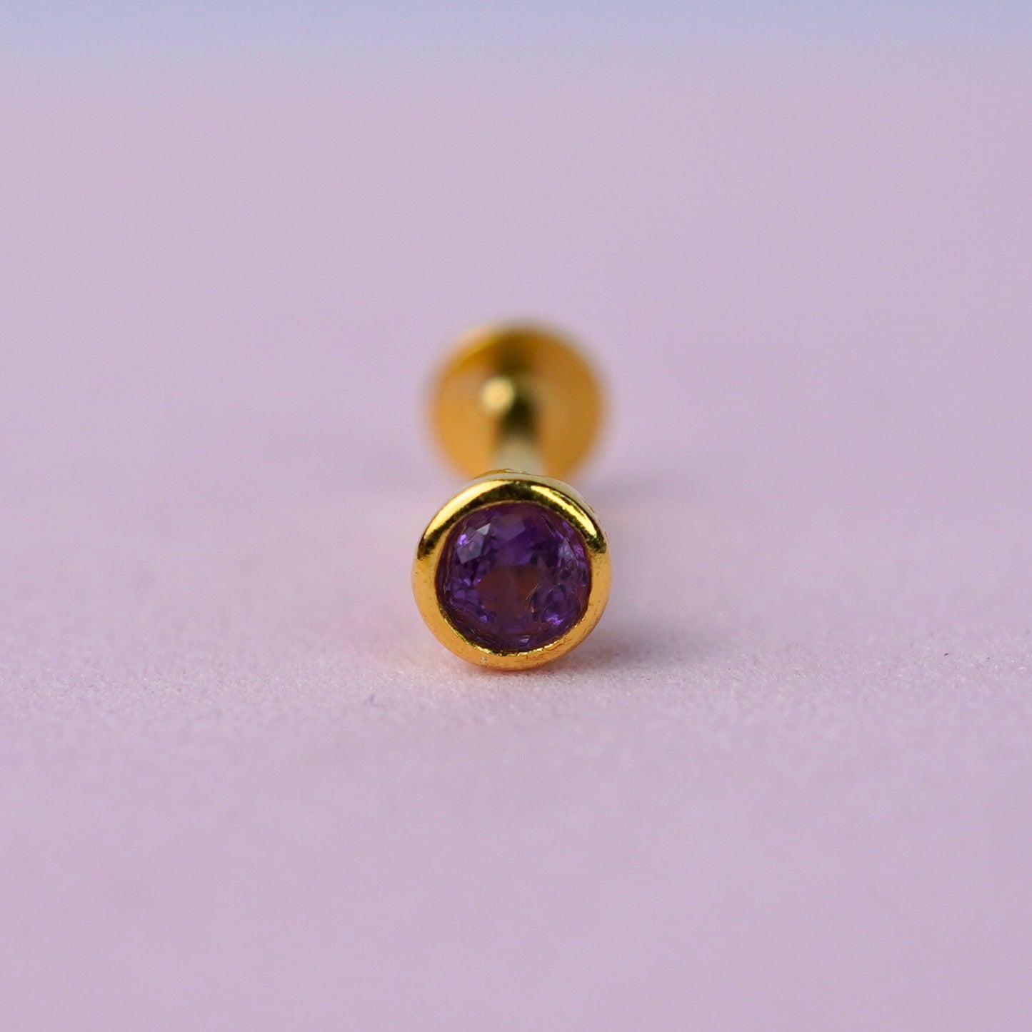 Round Bezel Set Flat Back Earring with Amethyst - 14K Gold Plated Sterling Silver