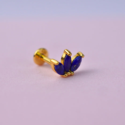 Triple Marquise Curved Flat Back Earring with Lapis Lazuli - 14K Gold Plated Sterling Silver