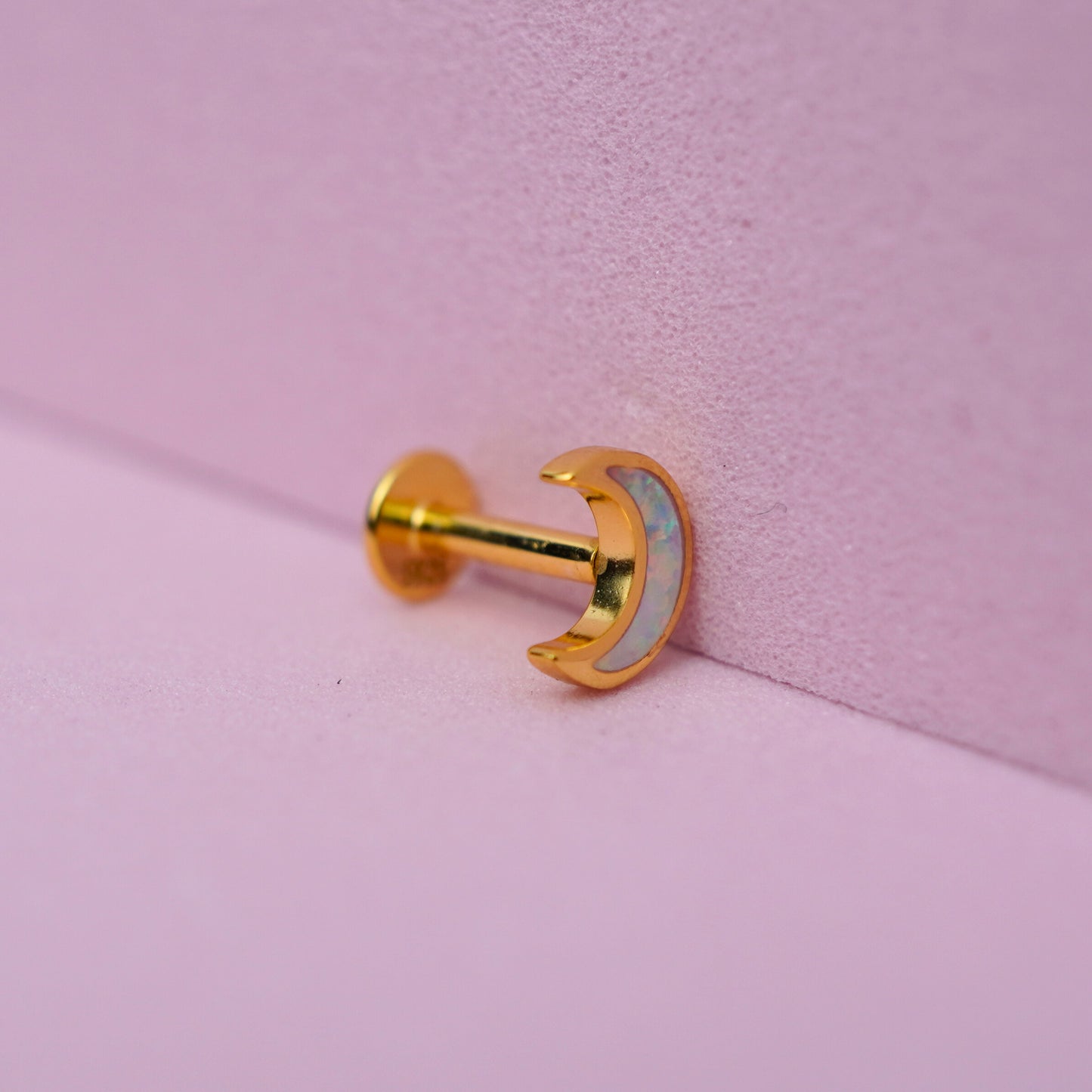 Crescent Moon Stud Flat Back Earring with Opal - 14K Gold Plated Sterling Silver