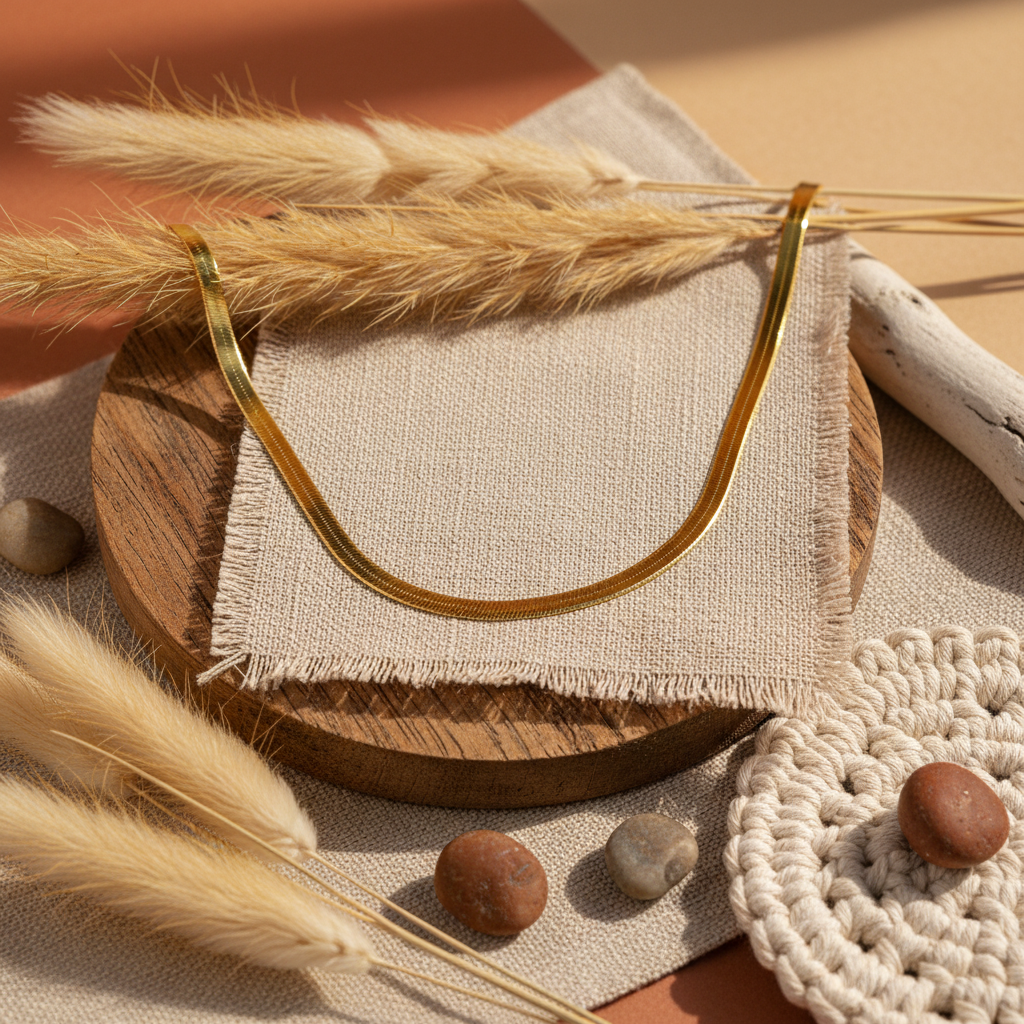 Flat Herringbone Chain Necklace - 18K Gold Plated Sterling