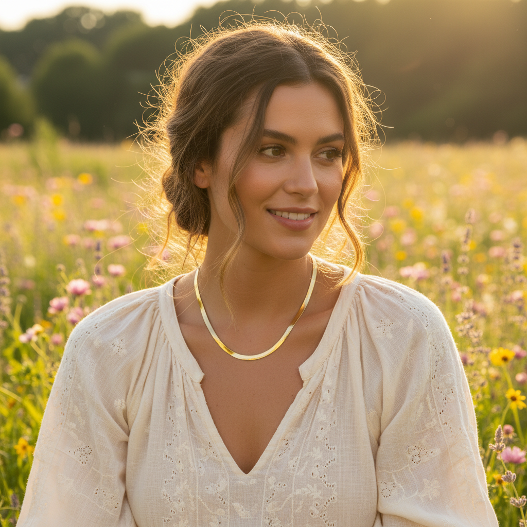 Flat Herringbone Chain Necklace - 18K Gold Plated Sterling