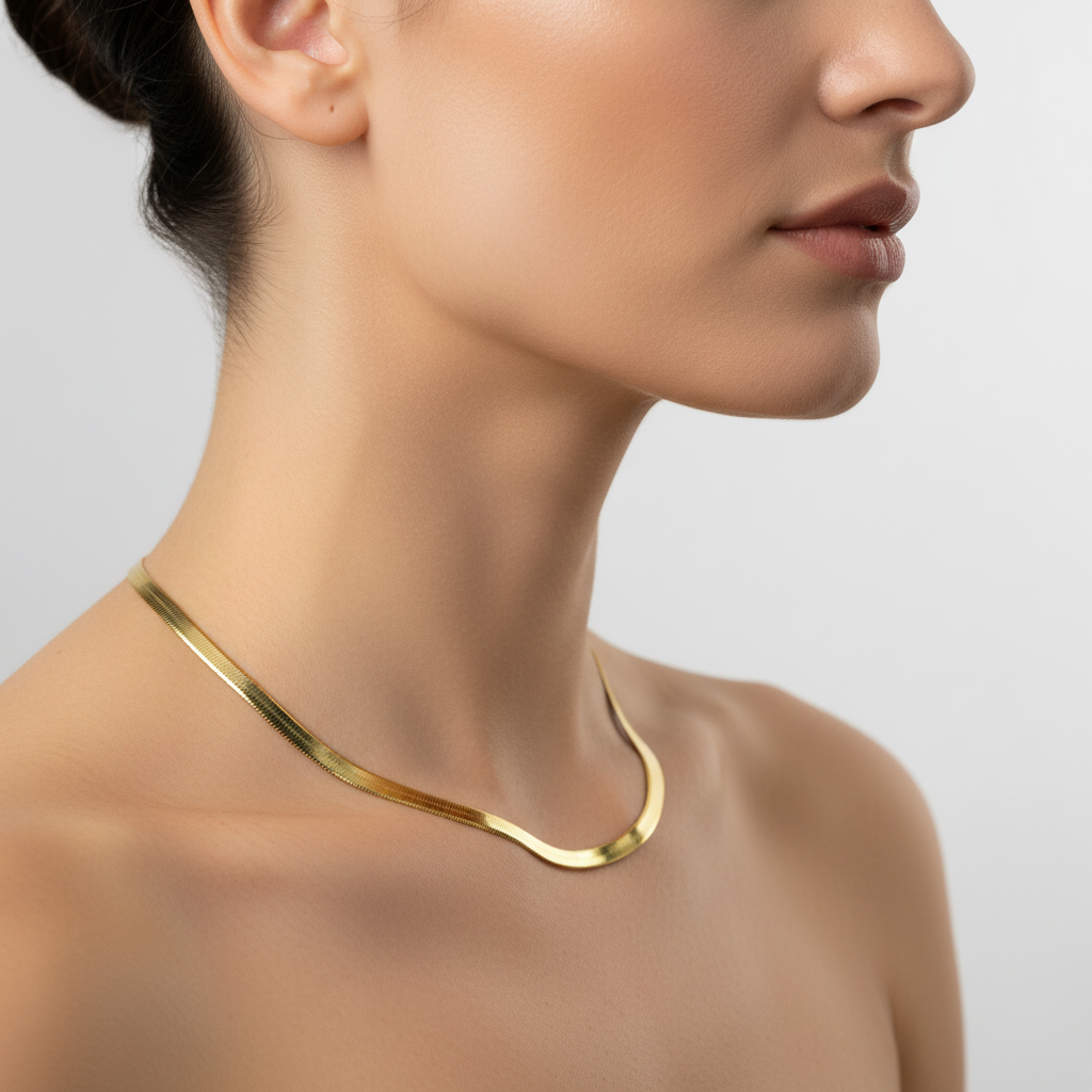 Flat Herringbone Chain Necklace - 18K Gold Plated Sterling