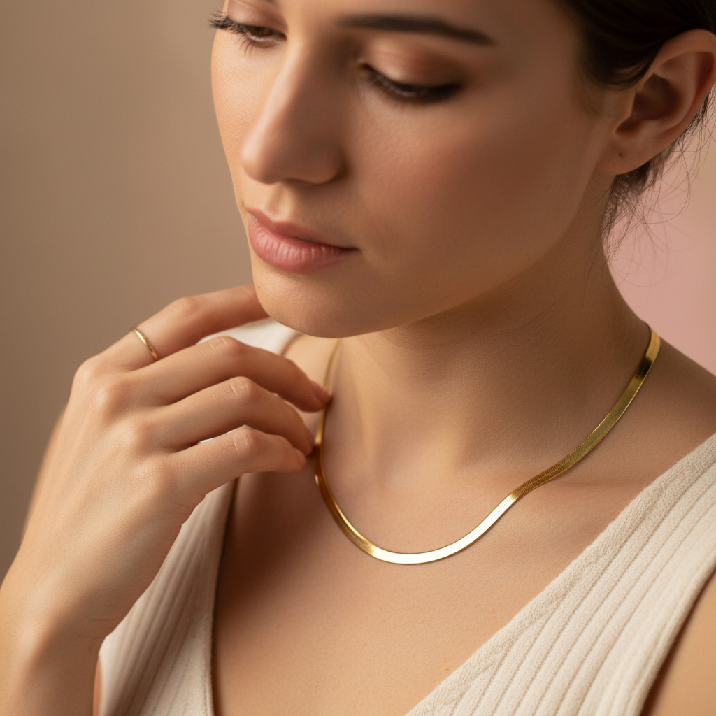 Flat Herringbone Chain Necklace - 18K Gold Plated Sterling