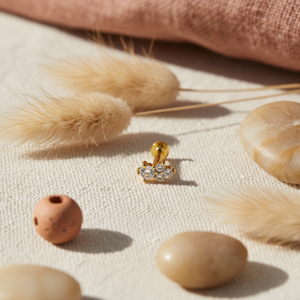 Four Stone Cluster Flat Back Earring with Cubic Zirconia - 14K Gold Plated Sterling Silver