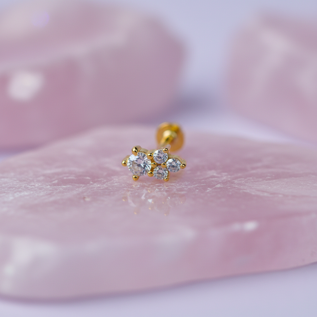 Four Stone Cluster Flat Back Earring with Cubic Zirconia - 14K Gold Plated Sterling Silver