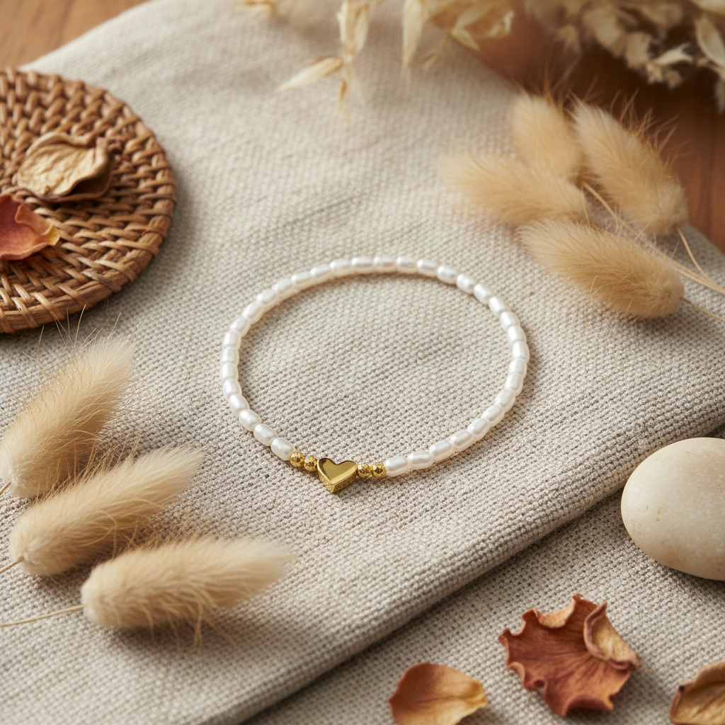 Heart Charm Stretch Bracelet with Pearl Seed Beads - 14K Gold Plated Sterling Silver