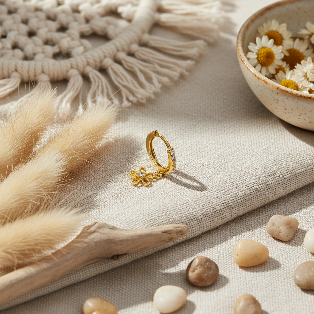 Huggie Hoop Earring with Cubic Zirconia Flower Charm - 14K Gold Plated Sterling Silver