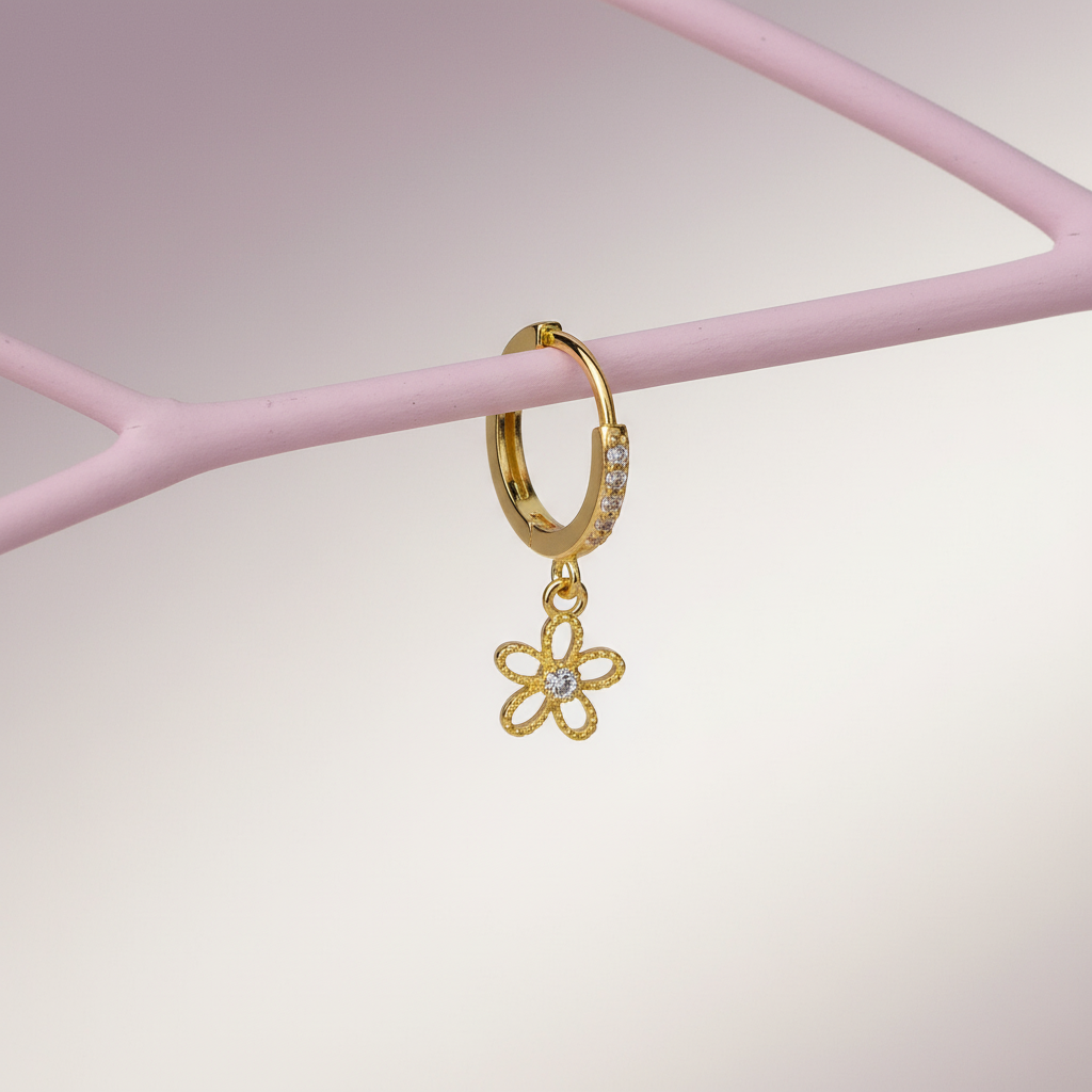 Huggie Hoop Earring with Cubic Zirconia Flower Charm - 14K Gold Plated Sterling Silver