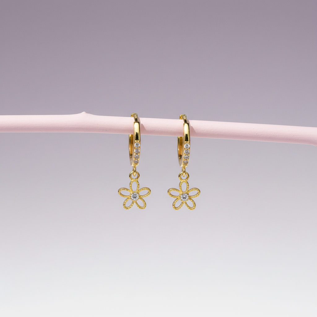 Huggie Hoop Earring with Cubic Zirconia Flower Charm - 14K Gold Plated Sterling Silver
