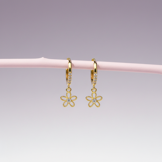 Eloree Huggie Hoop Earring with Cubic Zirconia Flower Charm - 14K Gold Plated Sterling Silver