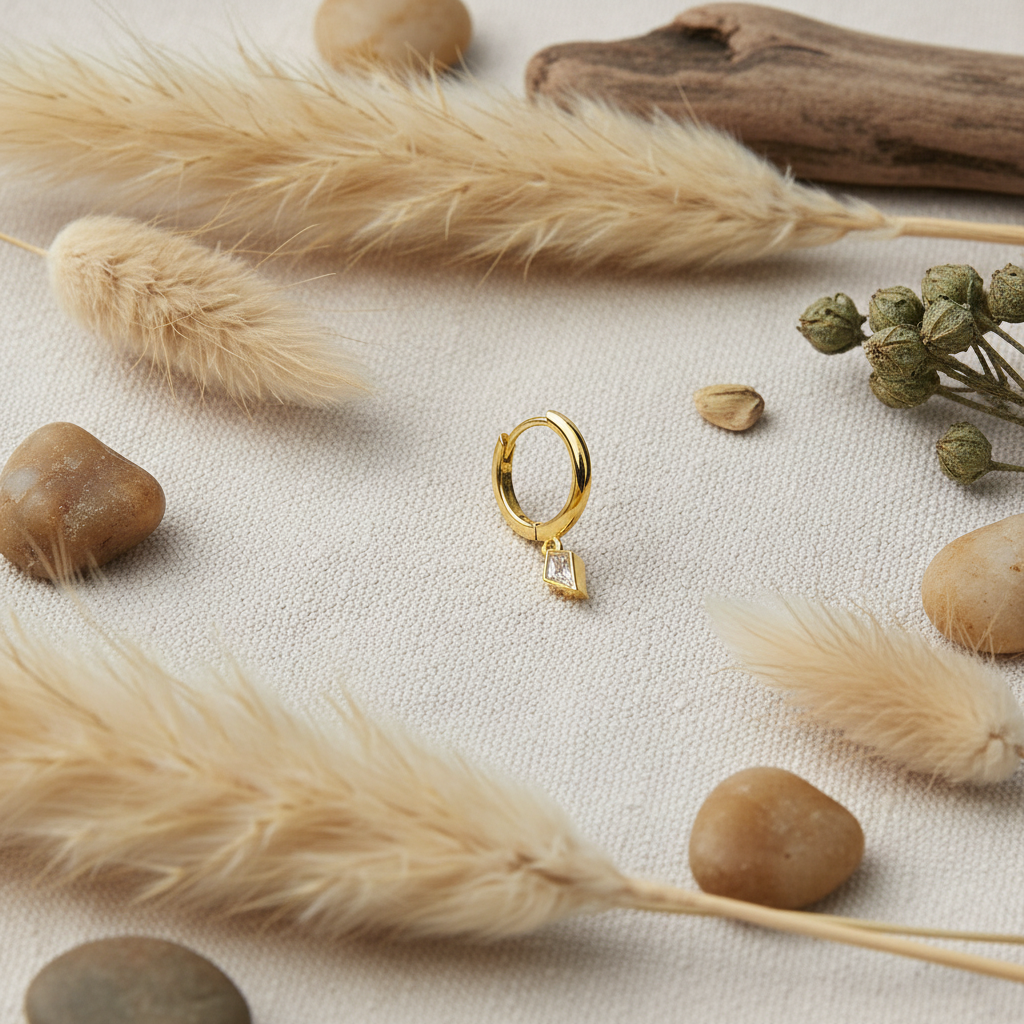 Huggie Hoop Earrings with cubic zirconia drop charm - 14K Gold Plated Sterling Silver