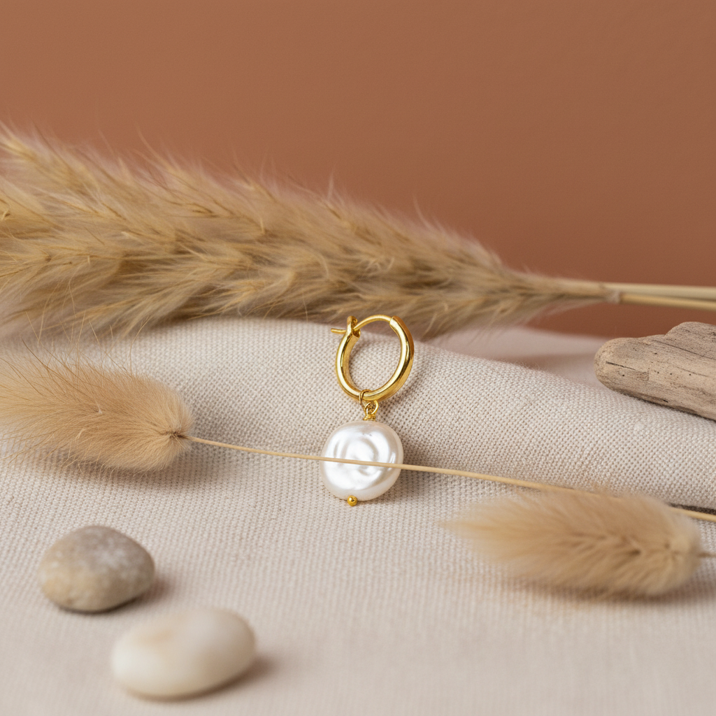 Huggie Hoop Earrings with flat Pearl Charm - 14K Gold Plated Sterling Silver