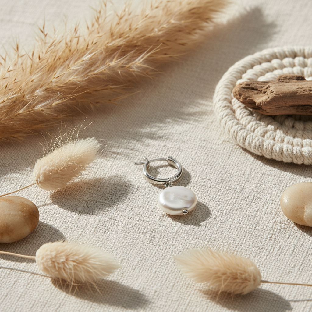 Huggie Hoop Earrings with flat Pearl Charm - Sterling Silver