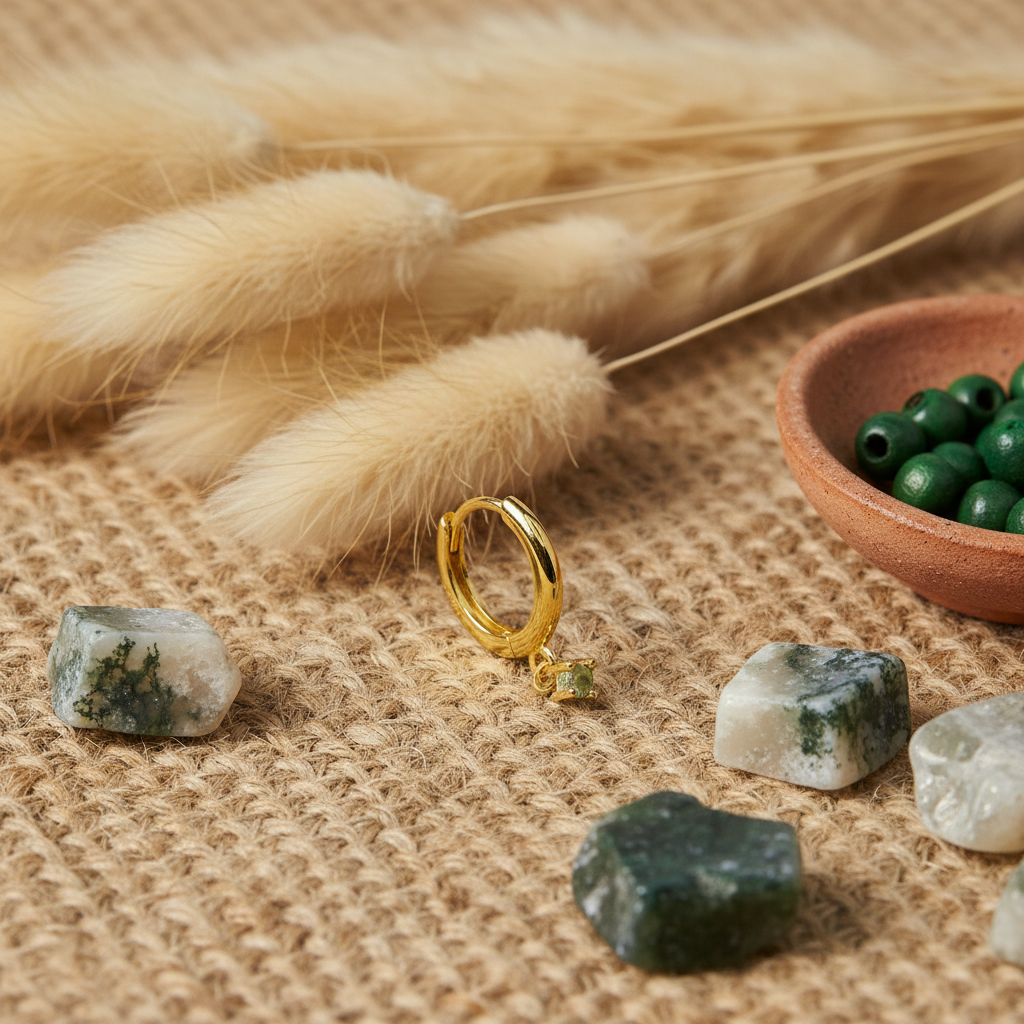 Huggie Hoop Earrings with Moss Agate Charm - 14K Gold Plated Sterling Silver