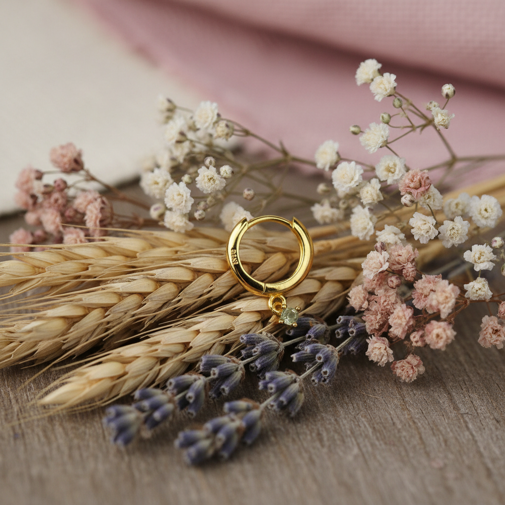 Eloree Huggie Hoop Earrings with Moss Agate Charm. 14K gold plated sterling silver earrings.