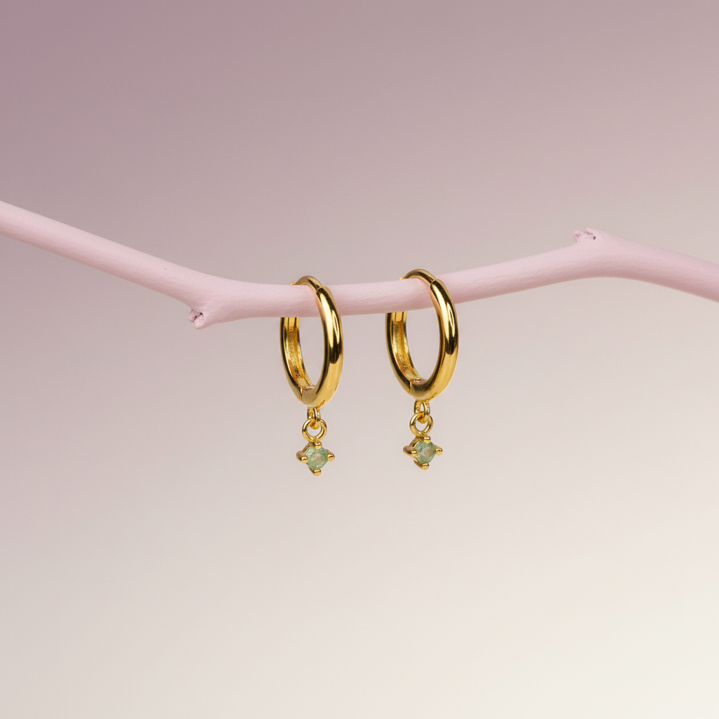 Huggie Hoop Earrings with Moss Agate Charm - 14K Gold Plated Sterling Silver