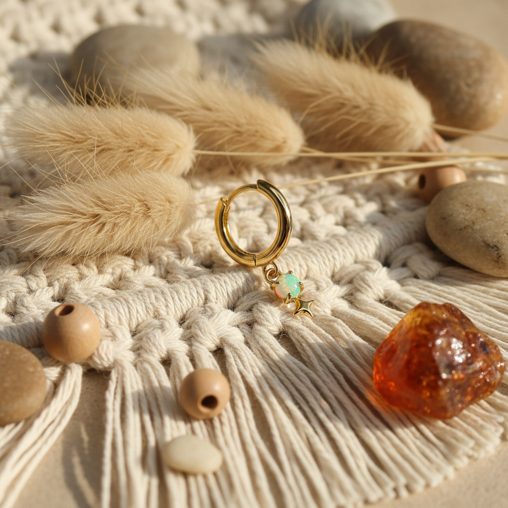 Huggie Hoop Earrings with Opal and Star Charm - 14K Gold Plated Sterling Silver