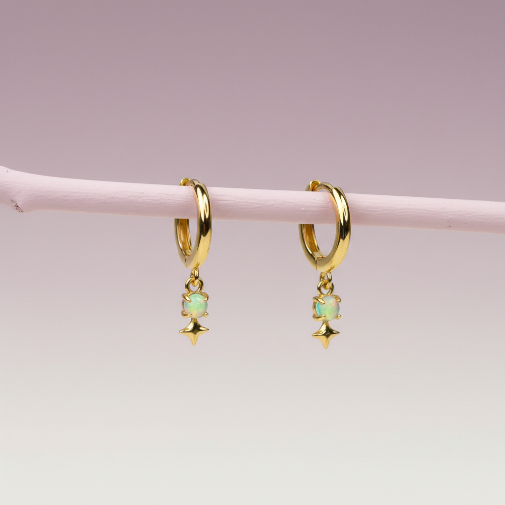 Huggie Hoop Earrings with Opal and Star Charm - 14K Gold Plated Sterling Silver