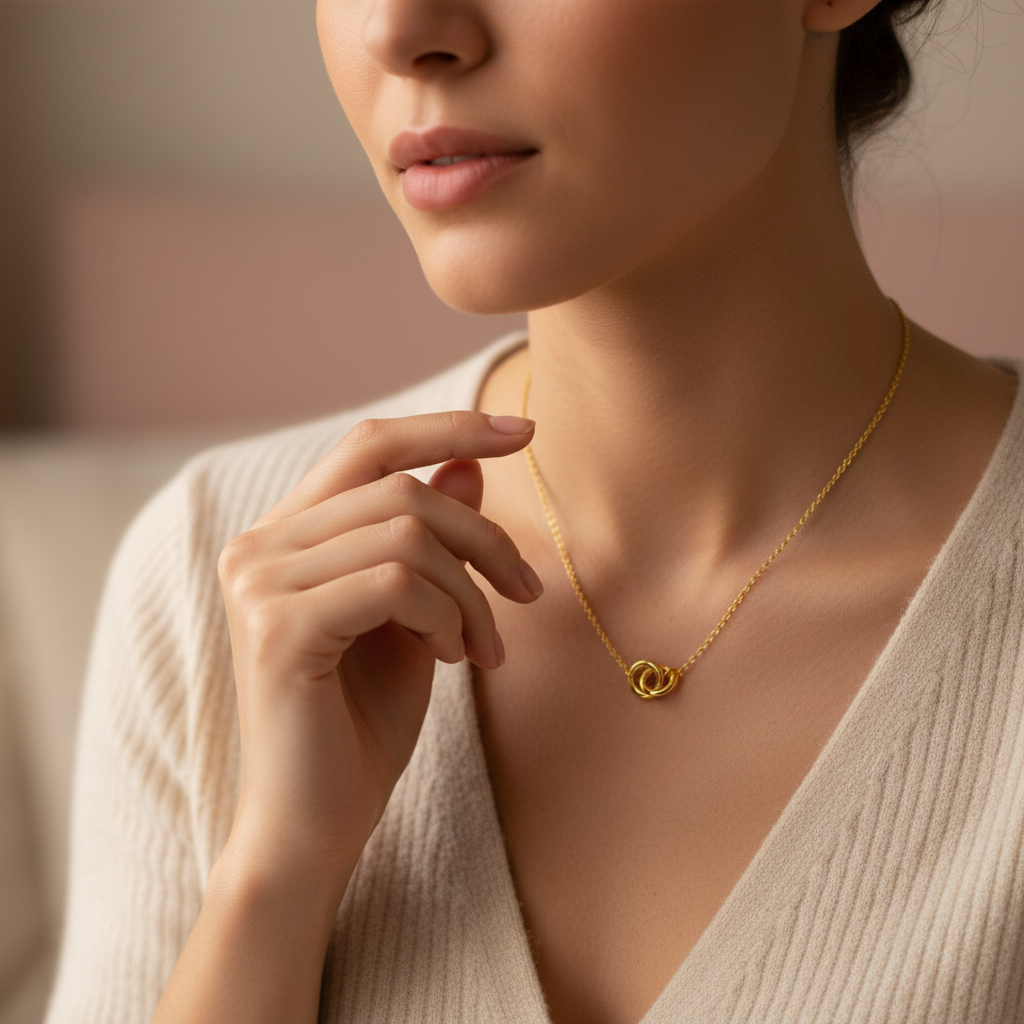 Interlocking Double Ring Necklace - 14K Gold Plated Sterling Silver