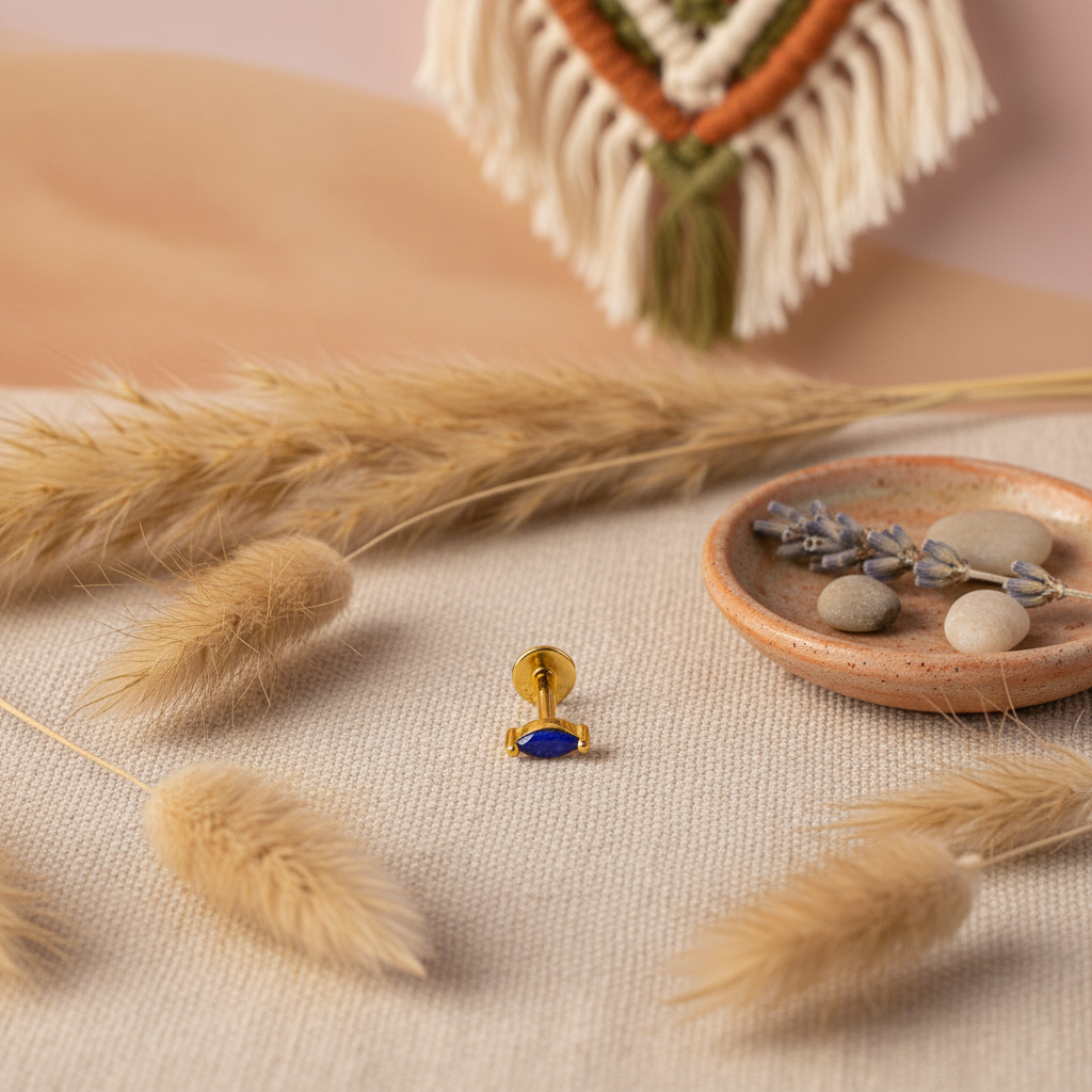 Marquise Flat Back Earring with Lapis Lazuli -14K Gold Plated Sterling Silver