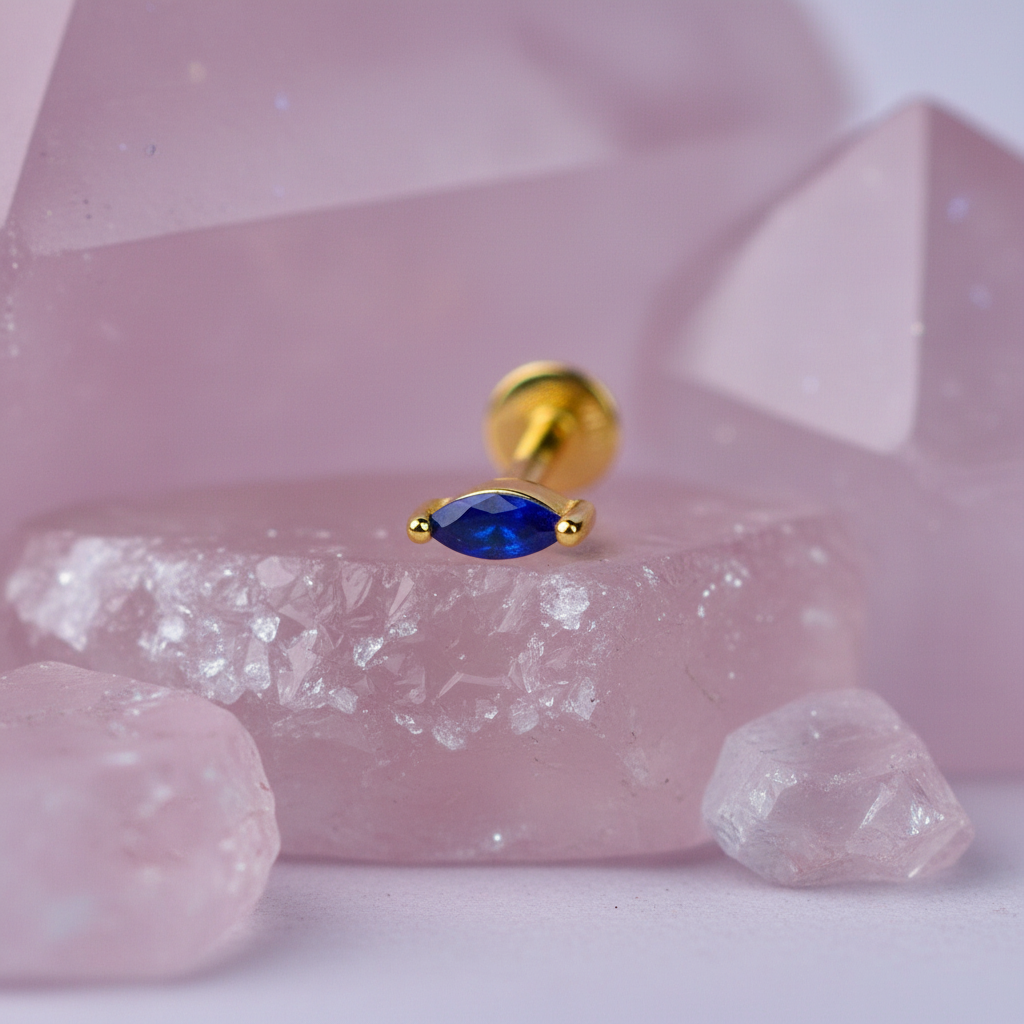 Marquise Flat Back Earring with Lapis Lazuli -14K Gold Plated Sterling Silver