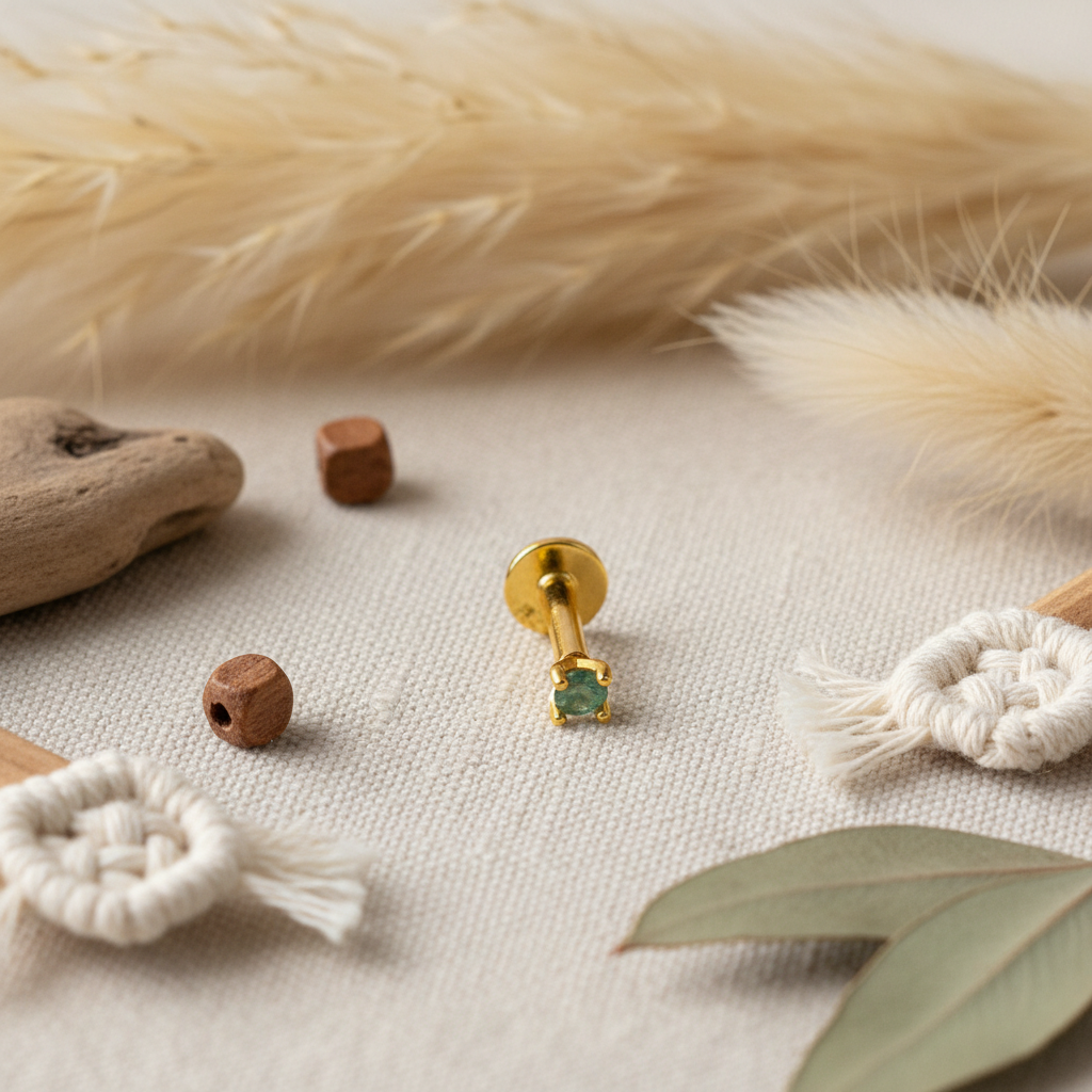 Mini Round Prong Set Stud Earring with Moss Agate - 14K Gold Plated Sterling Silver