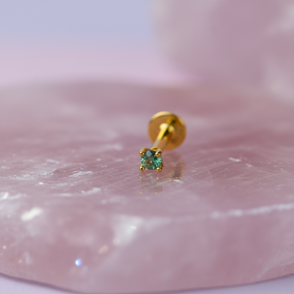 Mini Round Prong Set Stud Earring with Moss Agate - 14K Gold Plated Sterling Silver