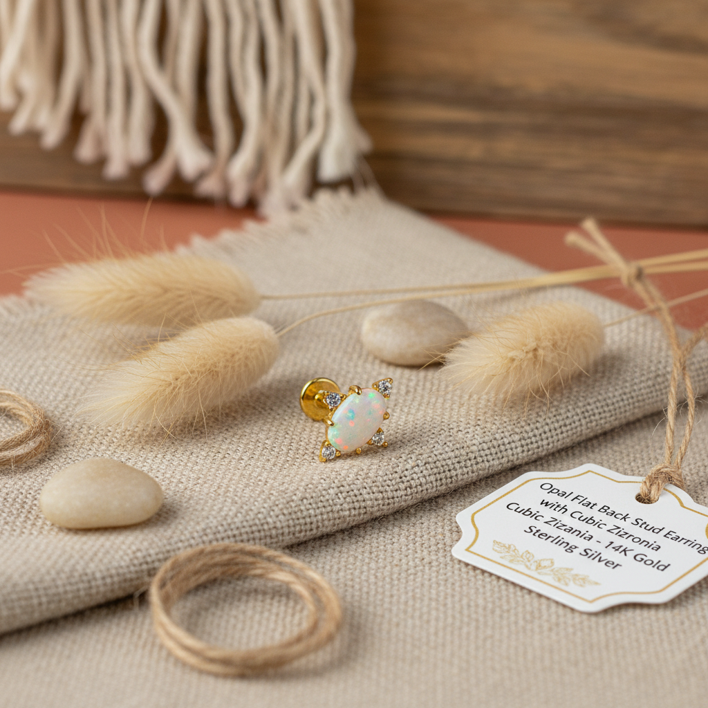 Opal Flat Back Stud Earring with Cubic Zirconia - 14K Gold Plated Sterling Silver