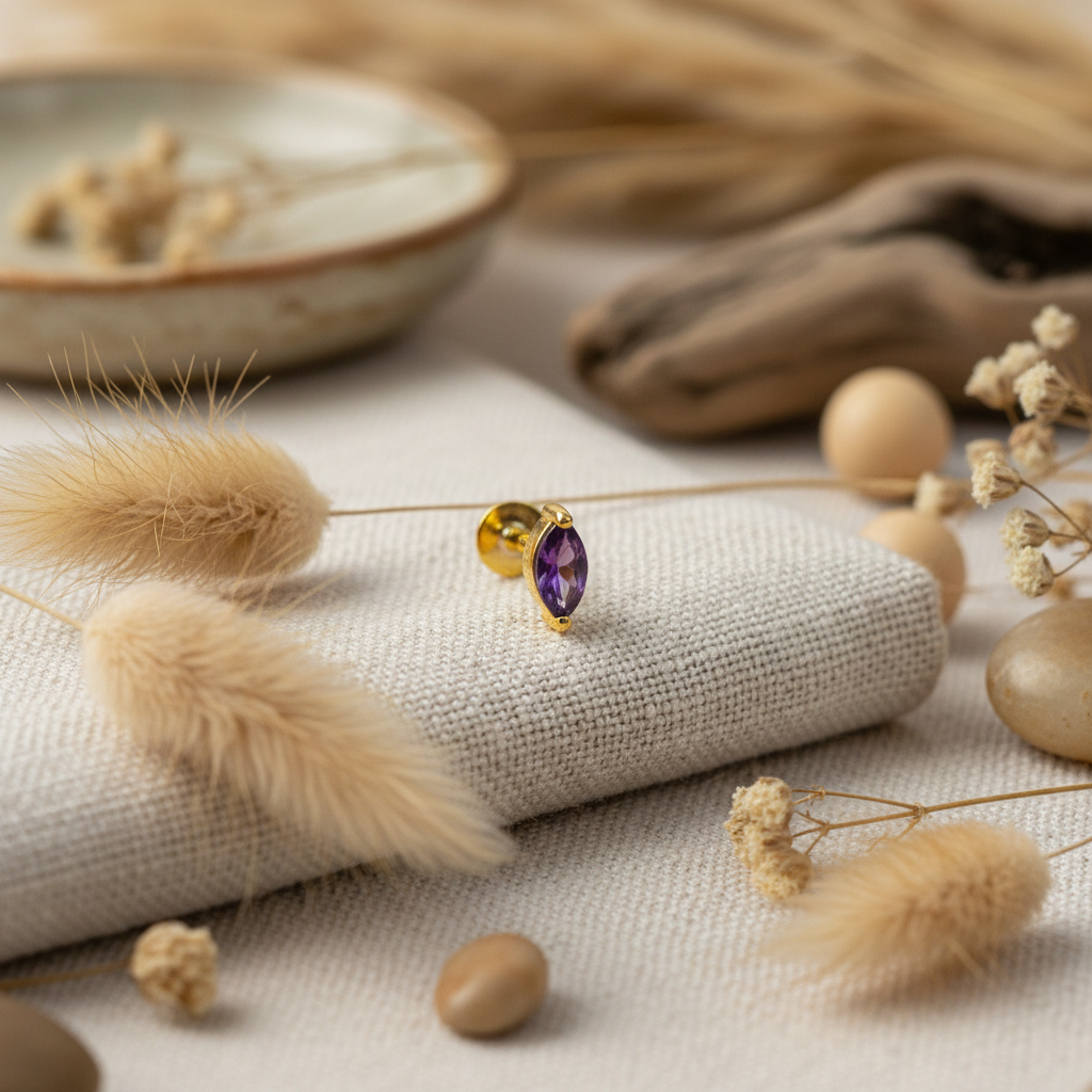 Pear Teardrop Stud Earring with Amethyst - 14K Gold Plated Sterling Silver