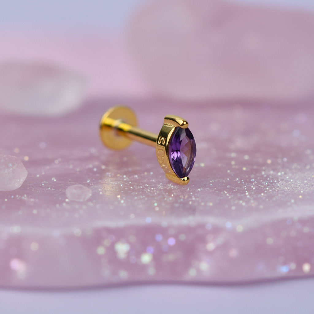 Pear Teardrop Stud Earring with Amethyst - 14K Gold Plated Sterling Silver