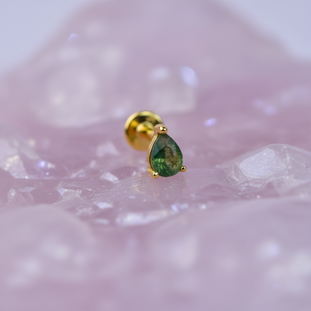 Pear Teardrop Stud Earring with Moss Agate - 14K Gold Plated Sterling Silver