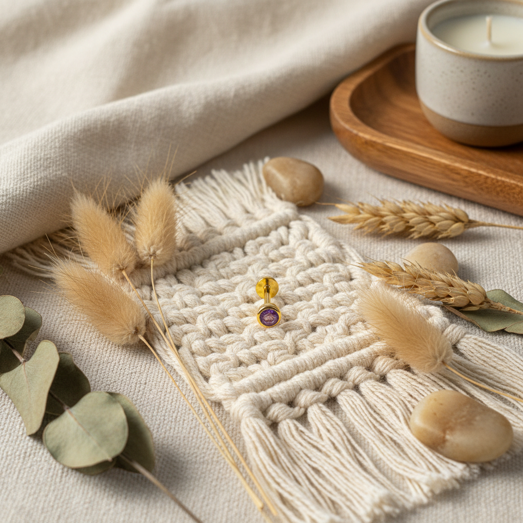 Round Bezel Set Flat Back Earring with Amethyst - 14K Gold Plated Sterling Silver