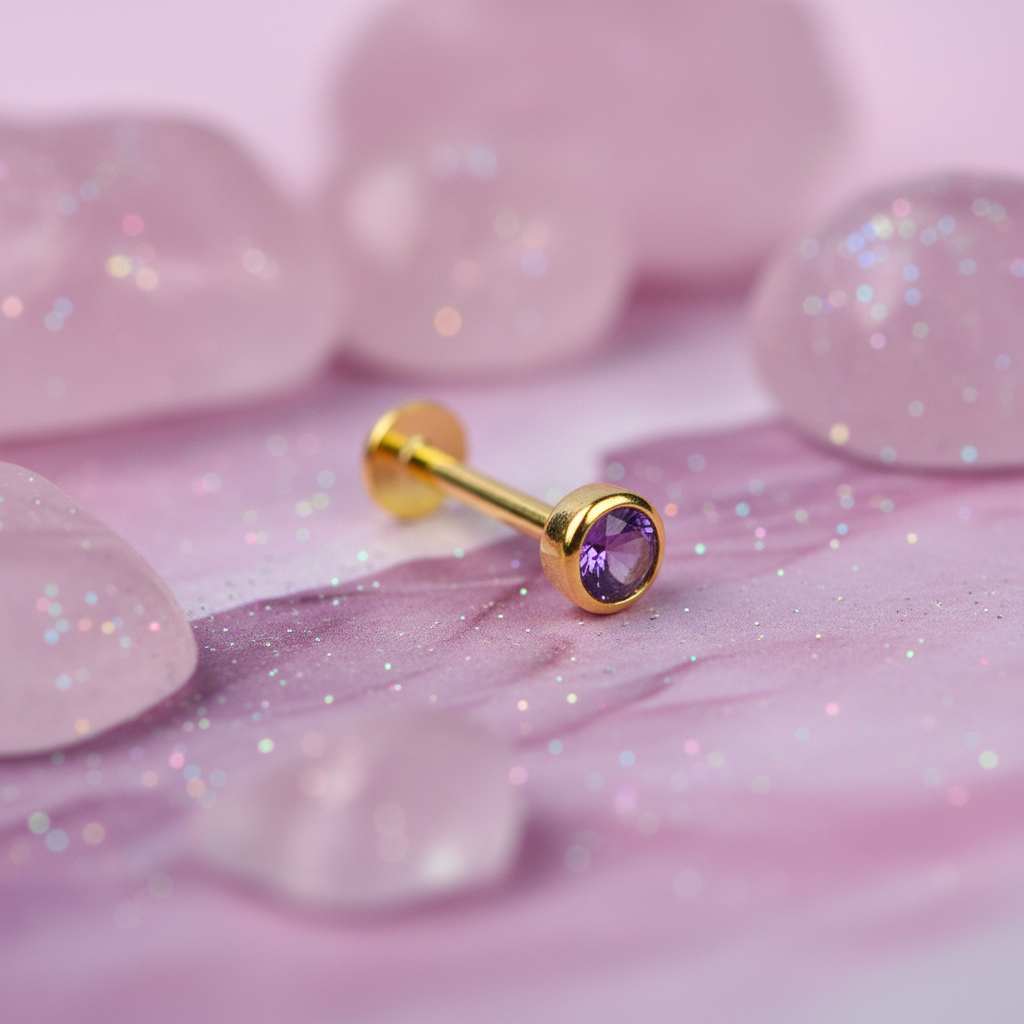 Round Bezel Set Flat Back Earring with Amethyst - 14K Gold Plated Sterling Silver