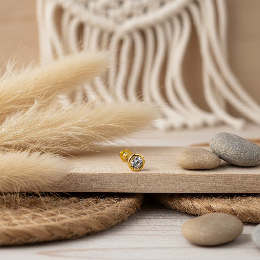 Round Bezel Set Flat Back Earring with Cubic Zirconia - 14K Gold Plated Sterling Silver