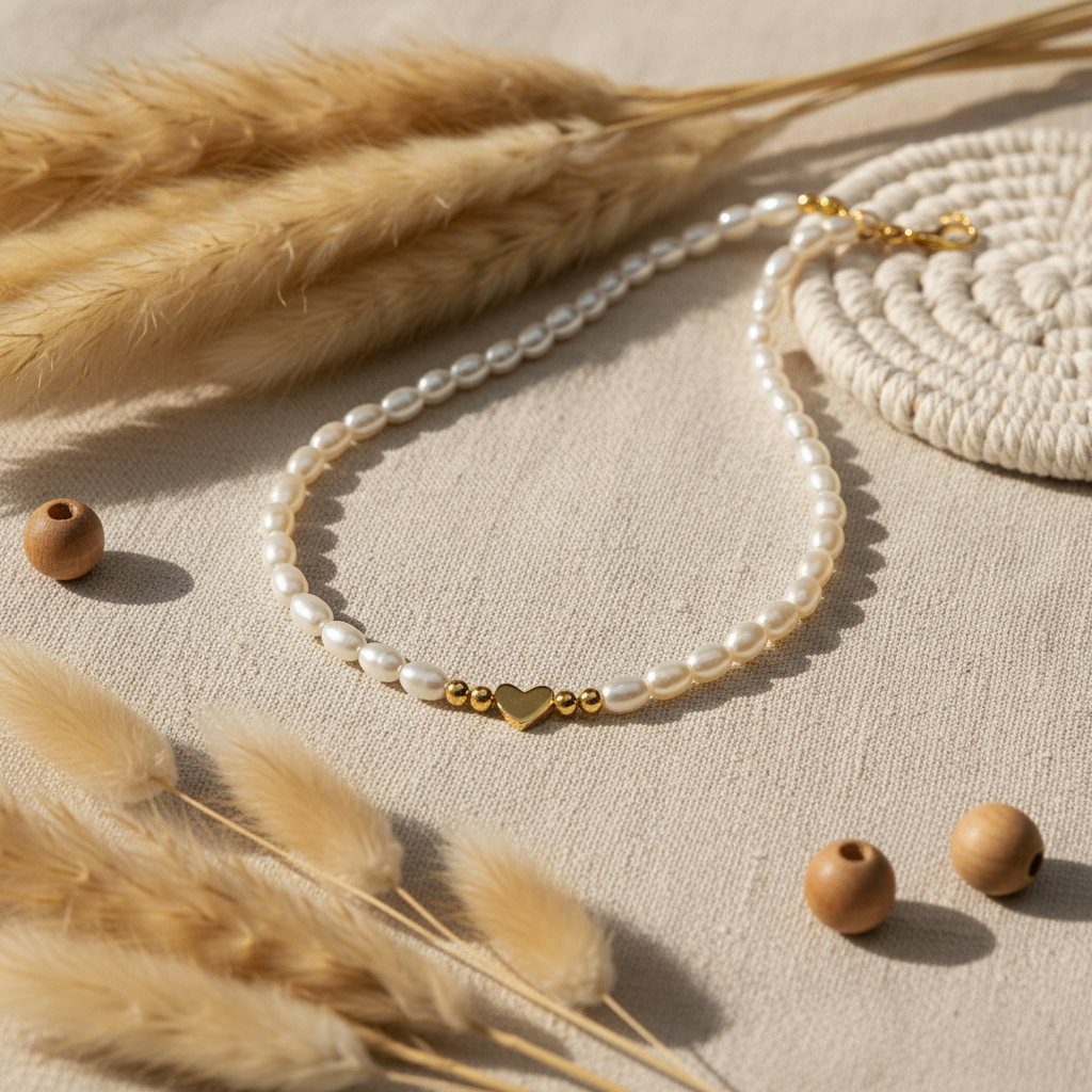 Silver Heart Charm Necklace with Pearls - 14K Gold Plated Sterling Silver