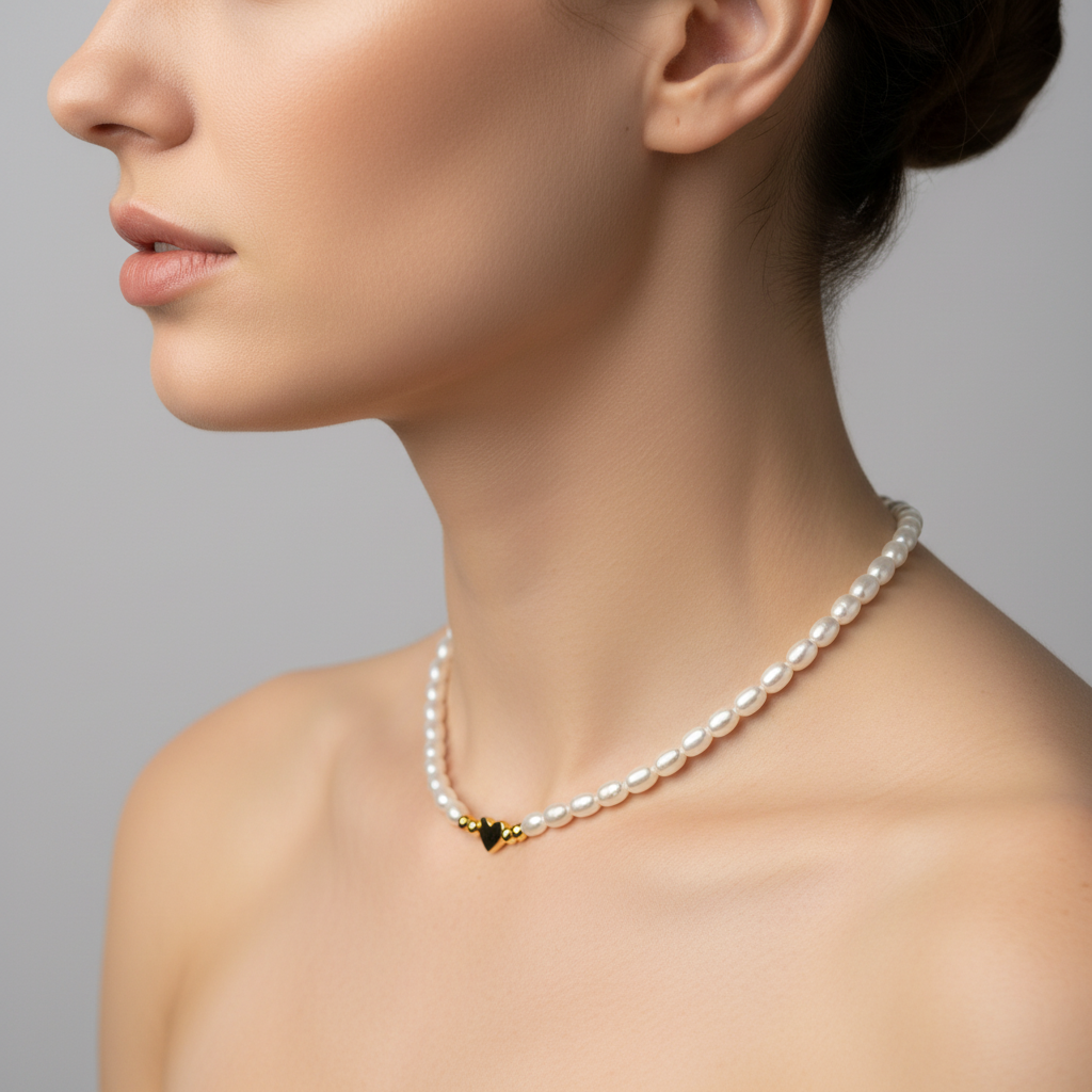 Silver Heart Charm Necklace with Pearls - 14K Gold Plated Sterling Silver