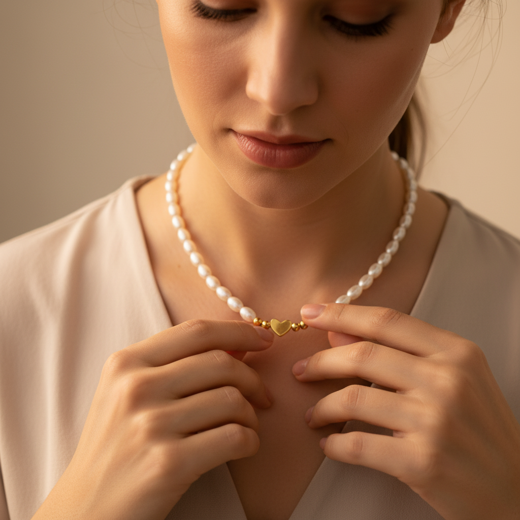 Silver Heart Charm Necklace with Pearls - 14K Gold Plated Sterling Silver