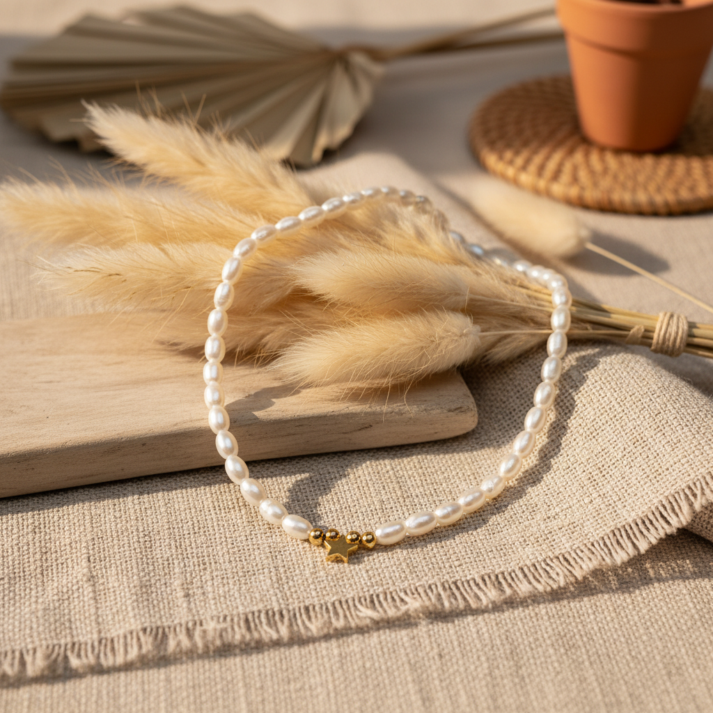 Silver Star Charm Necklace with Pearls - 14K Gold Plated Sterling Silver