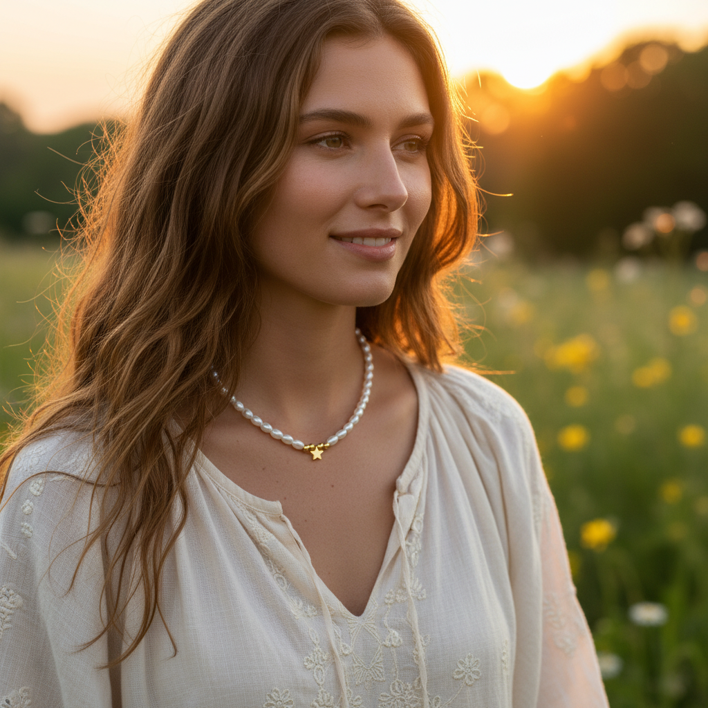 Silver Star Charm Necklace with Pearls - 14K Gold Plated Sterling Silver