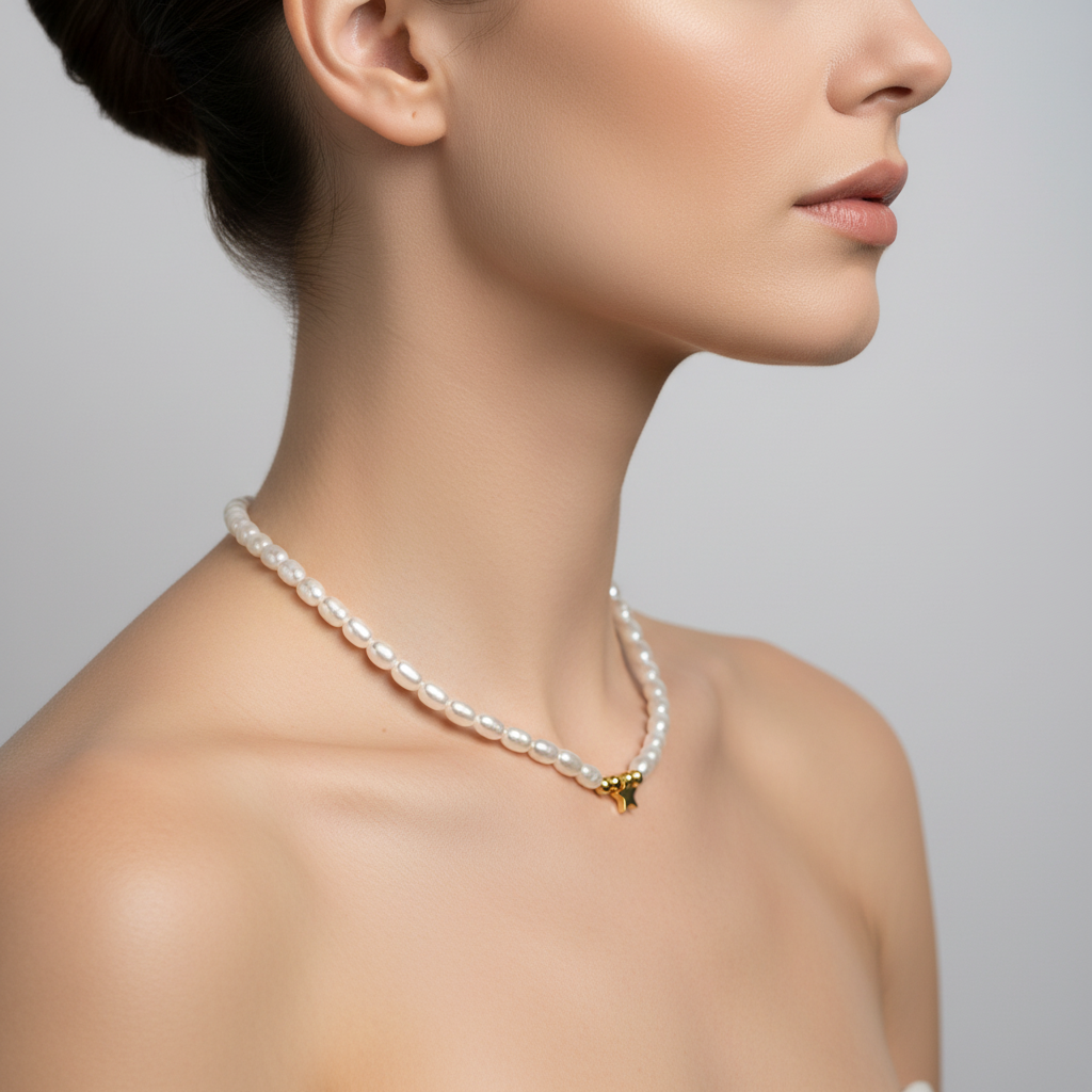 Silver Star Charm Necklace with Pearls - 14K Gold Plated Sterling Silver