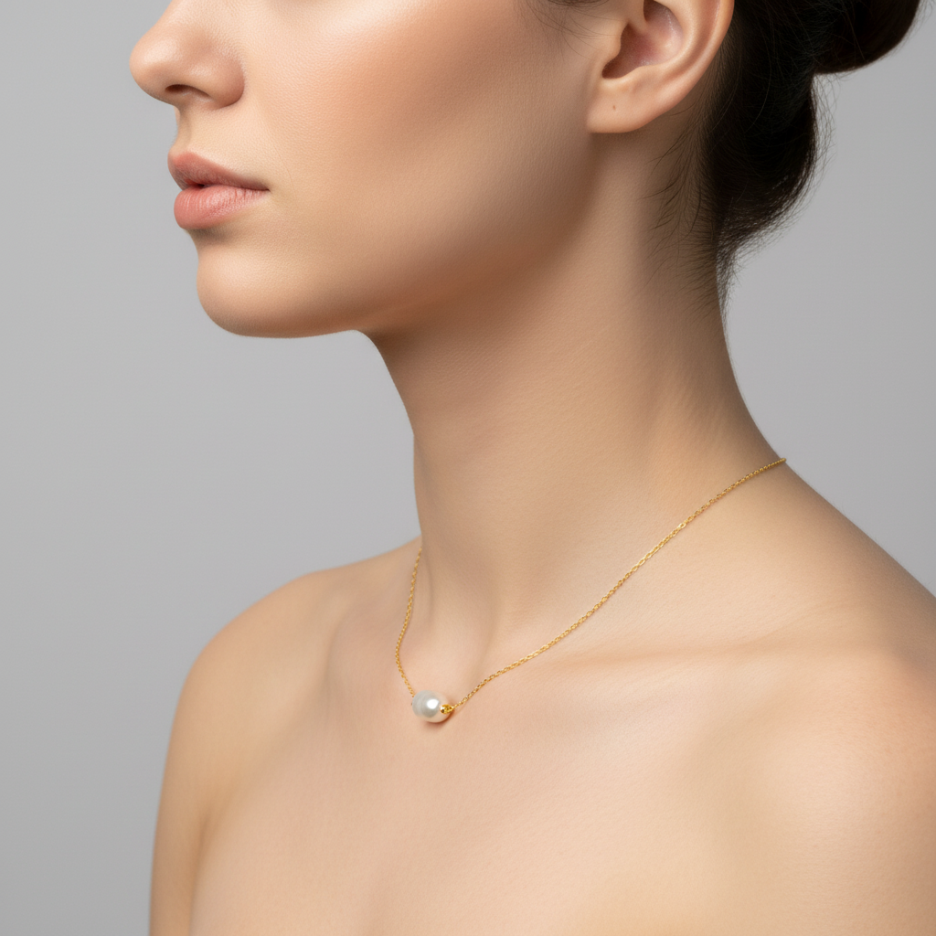 Single Pearl Necklace - 14K Gold Plated Sterling Silver