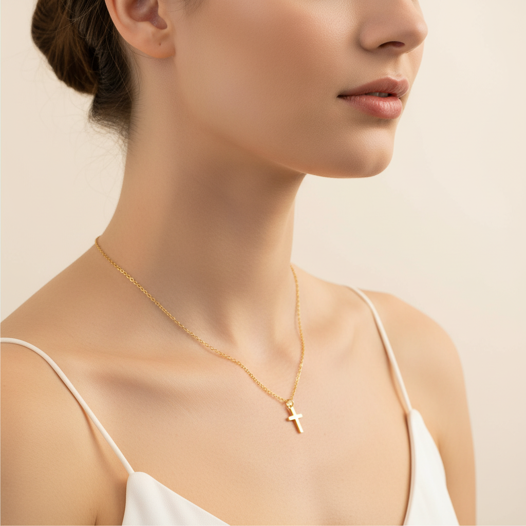 Small Cross Pendant Necklace - 14K Gold Plated Sterling Silver