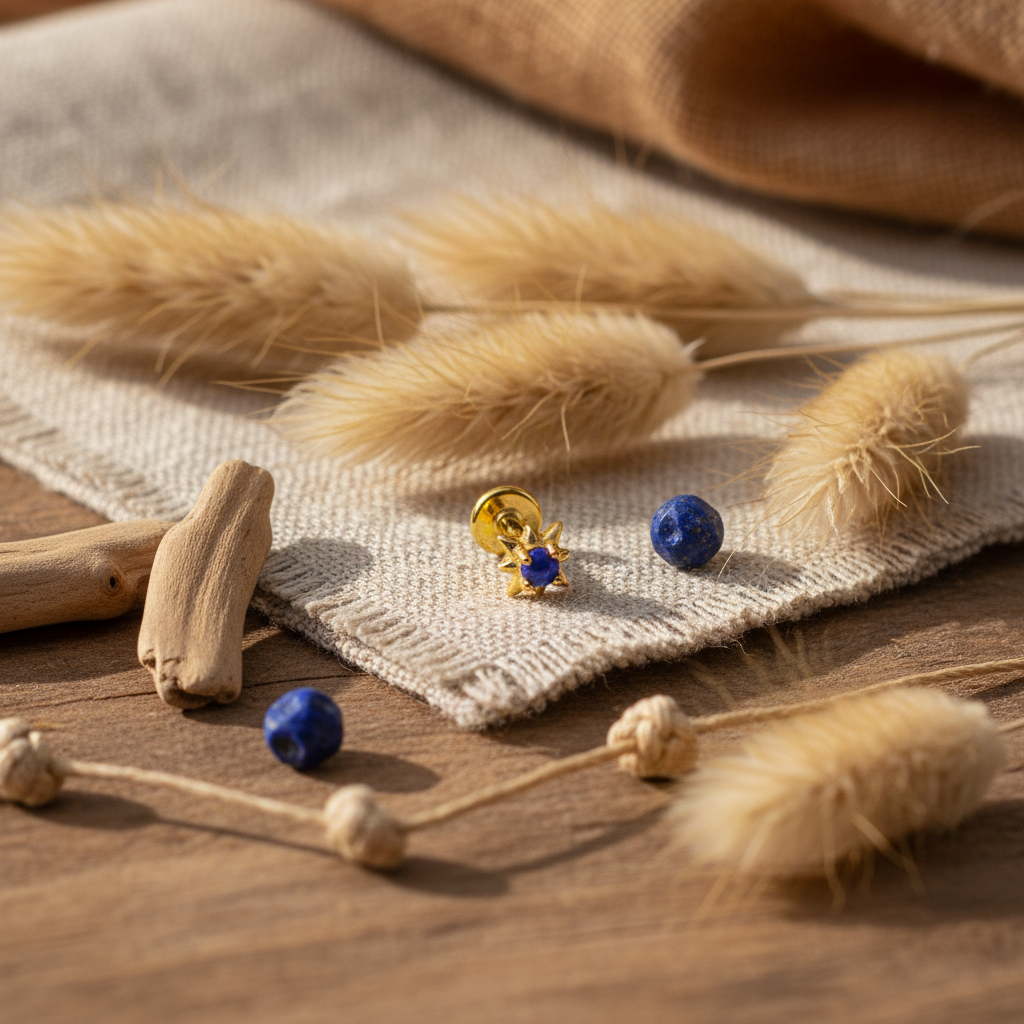 Star Set Flat Back Earring with Lapis Lazuli - 14K Gold Plated Sterling Silver