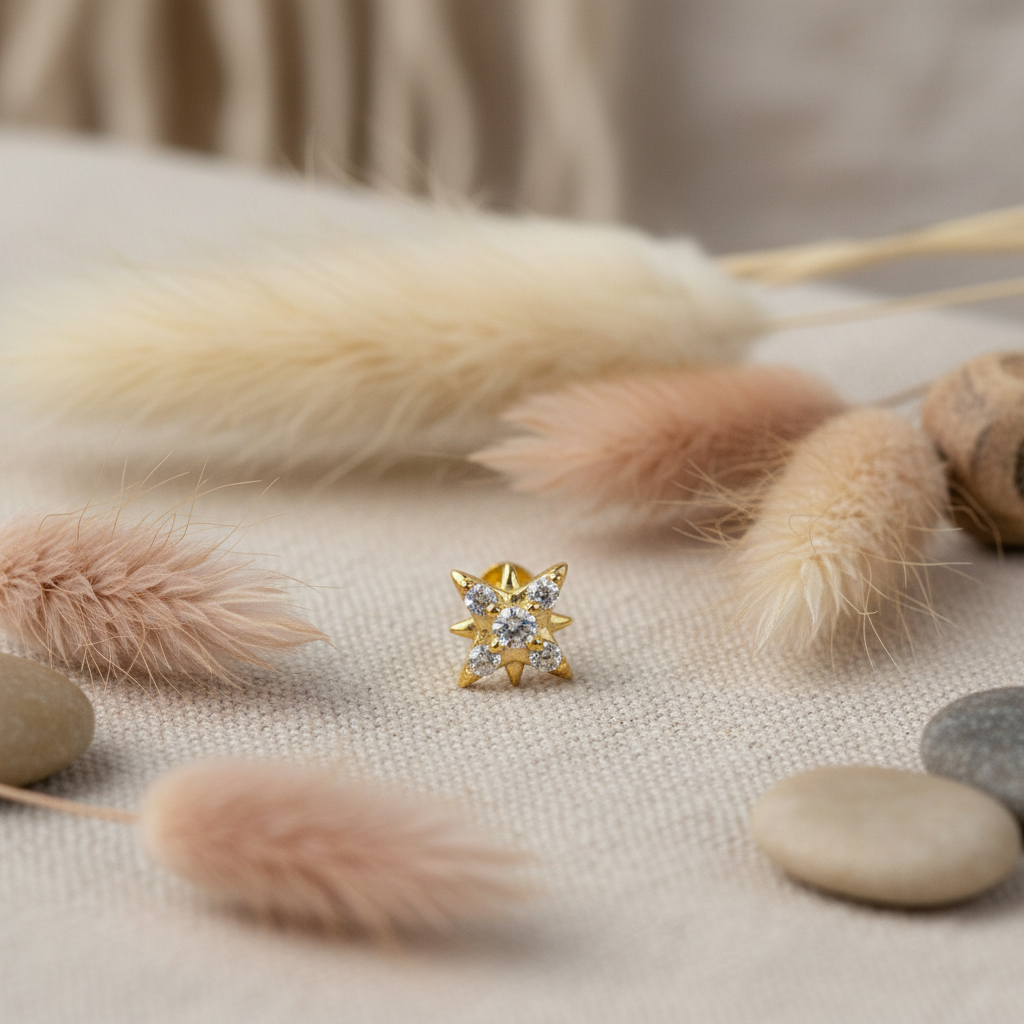 Star Stud Earring Flat Back with Cubic Zirconia - 14K Gold Plated Sterling Silver