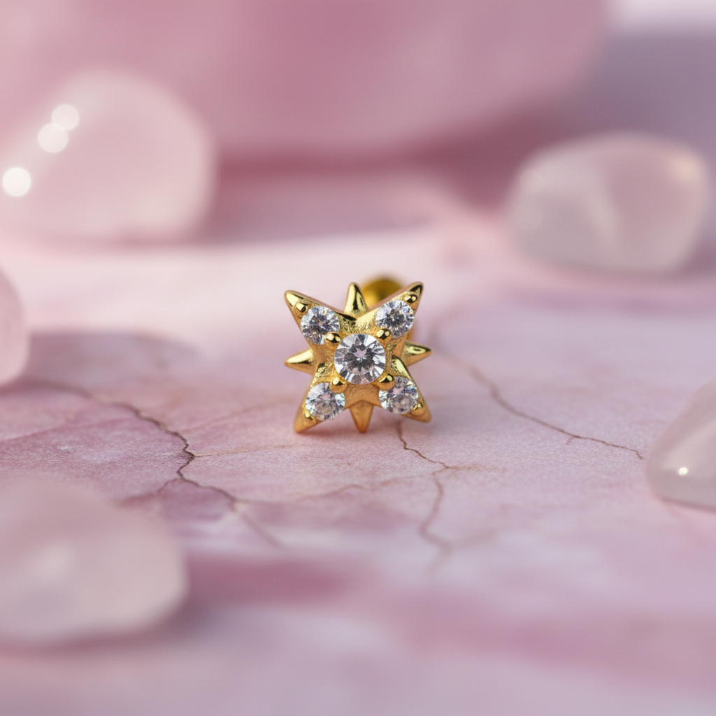 Star Stud Earring Flat Back with Cubic Zirconia - 14K Gold Plated Sterling Silver