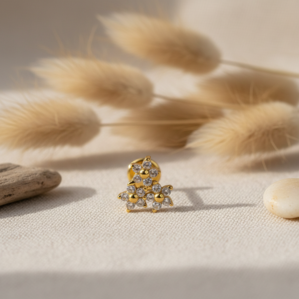 Triple Flower Flat Back Earring with Cubic Zirconia - 14K Gold Plated Sterling Silver