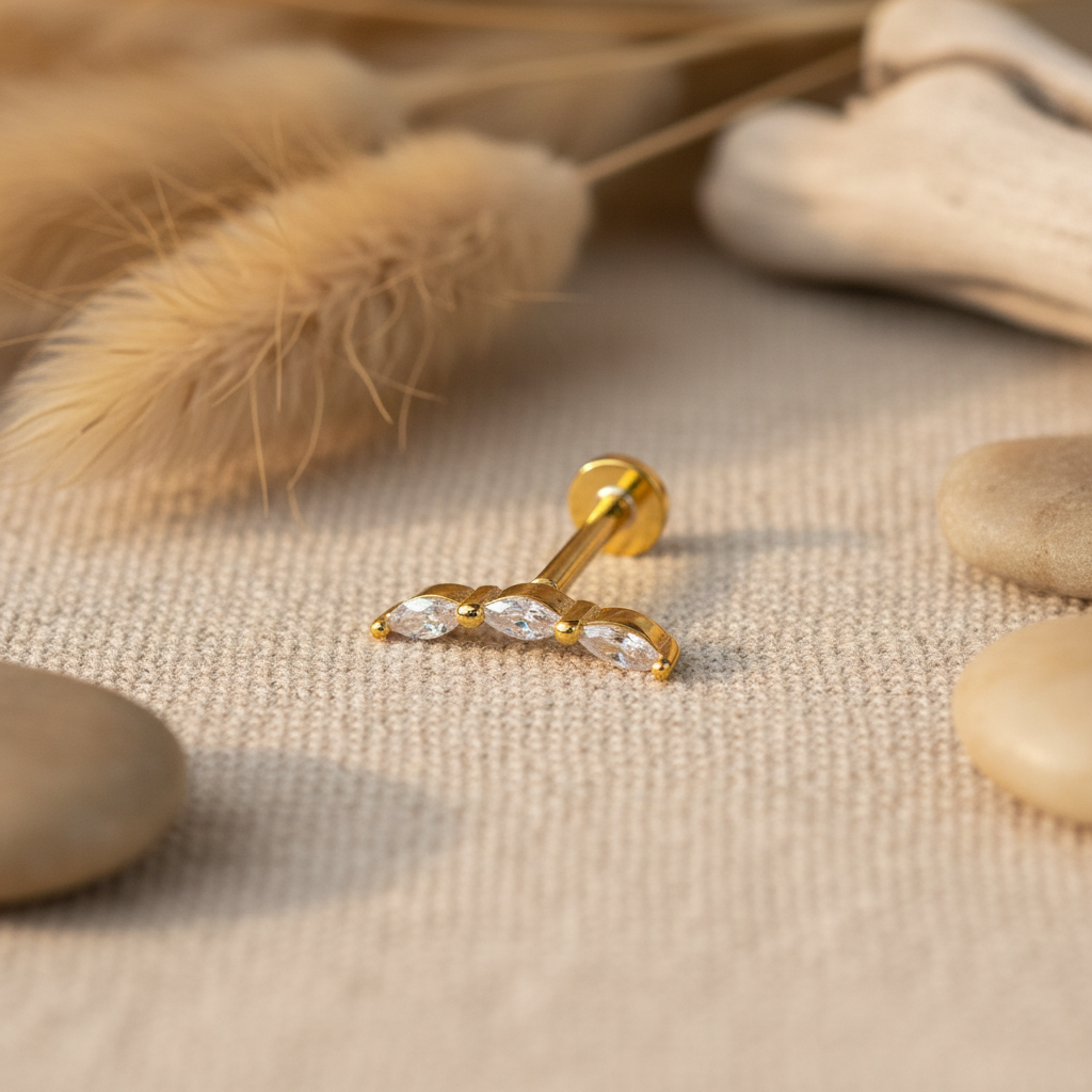 Triple Marquise Curved Flat Back Earring with Cubic Zirconia - 14K Gold Plated Sterling Silver