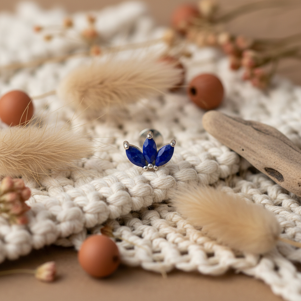 Triple Marquise Curved Flat Back Earring with Lapis Lazuli - Sterling Silver