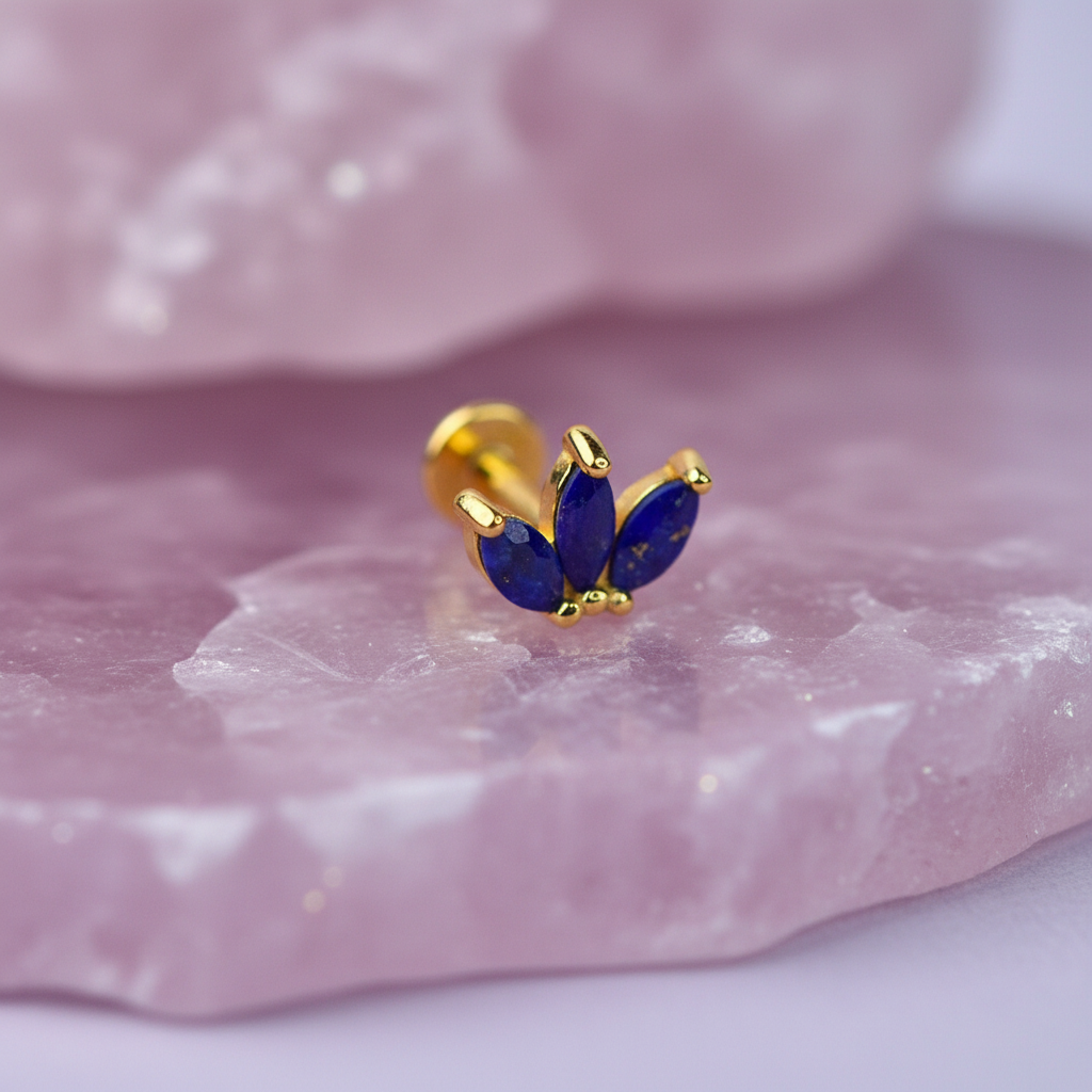Triple Marquise Curved Flat Back Earring with Lapis Lazuli - 14K Gold Plated Sterling Silver